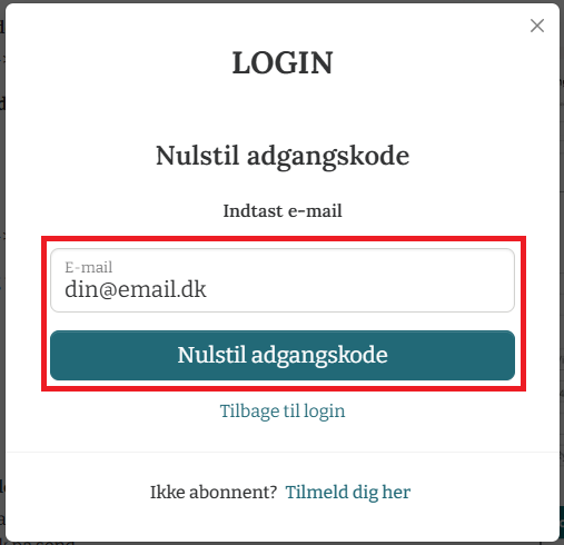 Indtast email for nulstilling